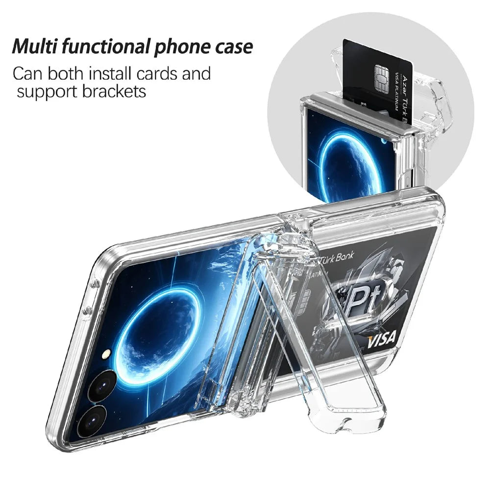 For Samsung Galaxy Z Flip8 Case Hinge Kickstand Hard PC Phone Cover with Card Slots - Transparent - 6