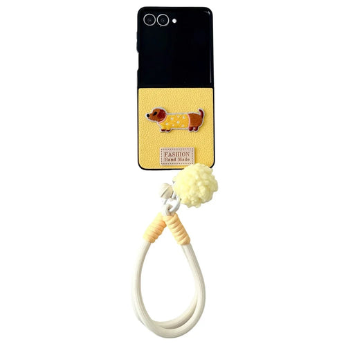 For Samsung Galaxy Z Flip8 Case Cute Dog Hinge Protection Litchi Texture Phone Cover with Wrist Strap - Yellow - 1
