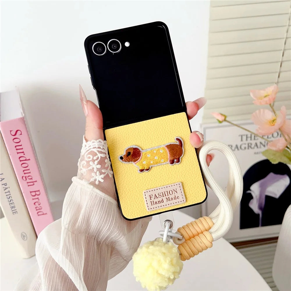 For Samsung Galaxy Z Flip8 Case Cute Dog Hinge Protection Litchi Texture Phone Cover with Wrist Strap - Yellow - 2