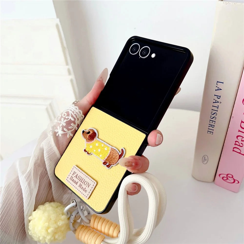 For Samsung Galaxy Z Flip8 Case Cute Dog Hinge Protection Litchi Texture Phone Cover with Wrist Strap - Yellow - 3