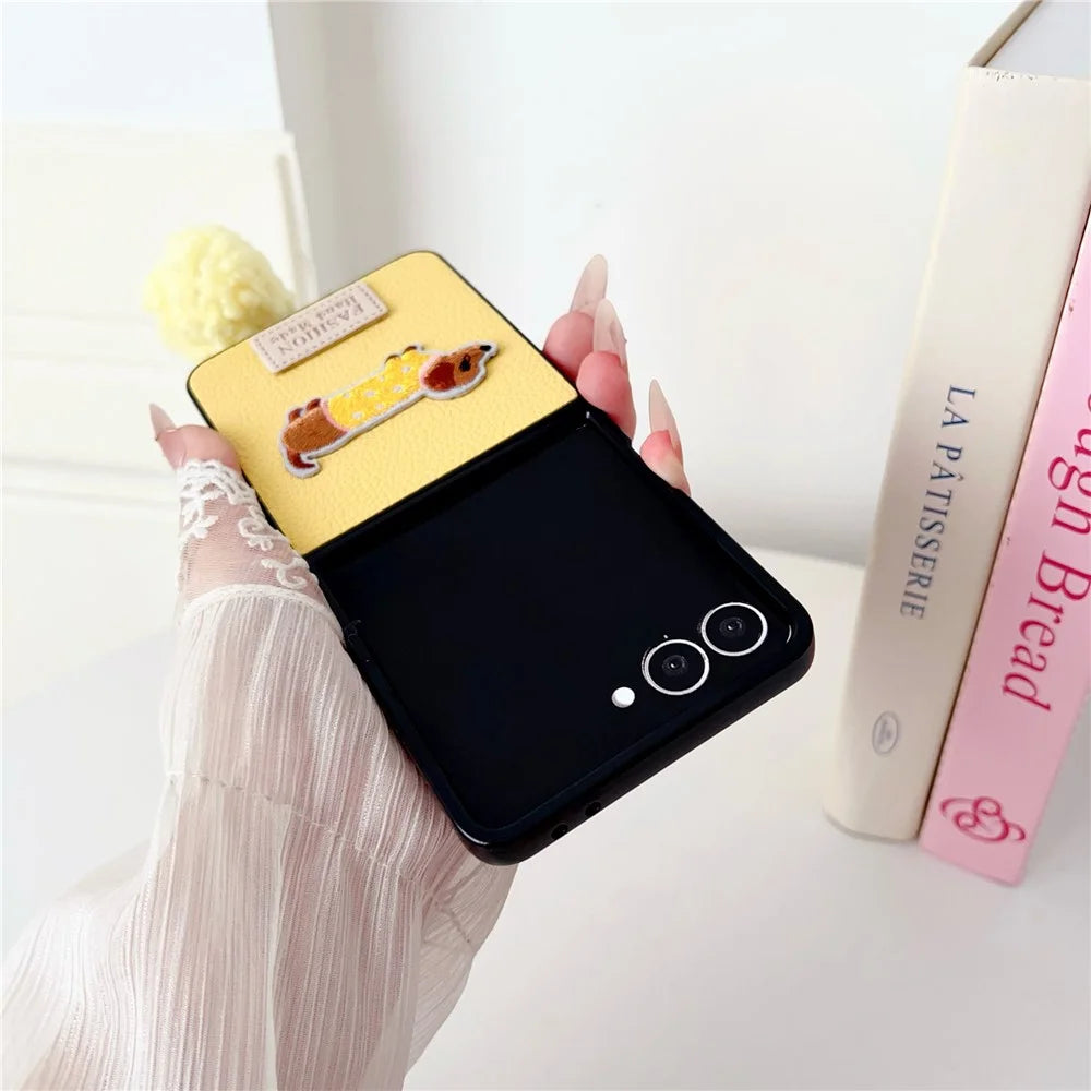 For Samsung Galaxy Z Flip8 Case Cute Dog Hinge Protection Litchi Texture Phone Cover with Wrist Strap - Yellow - 4