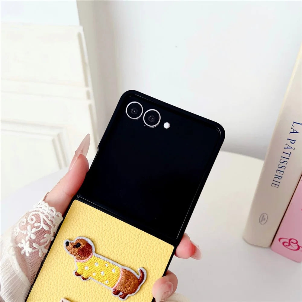 For Samsung Galaxy Z Flip8 Case Cute Dog Hinge Protection Litchi Texture Phone Cover with Wrist Strap - Yellow - 5