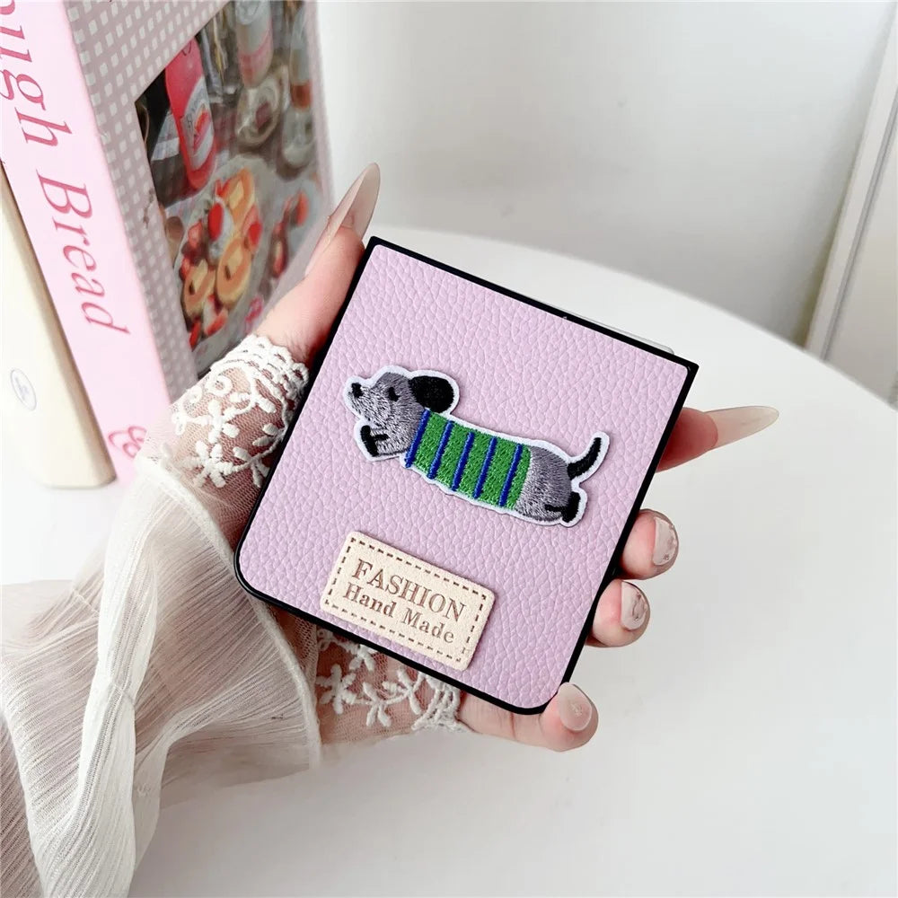 For Samsung Galaxy Z Flip8 Case Cute Dog Hinge Protection Litchi Texture Phone Cover with Wrist Strap - Yellow - 7