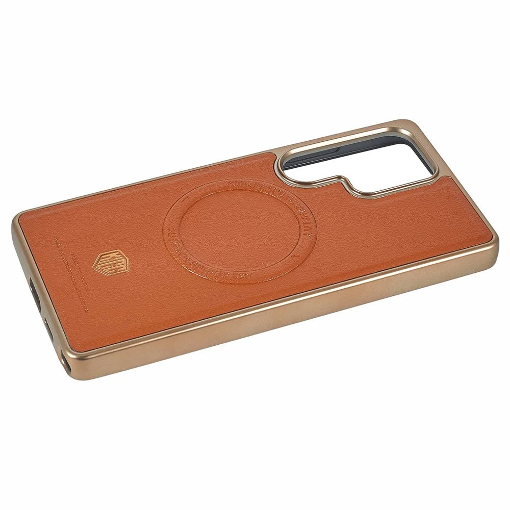 KIGC for Samsung Galaxy S26 Ultra Magnetic Case PC + TPU + PU Electroplating Phone Cover - Titanium Gold - 4