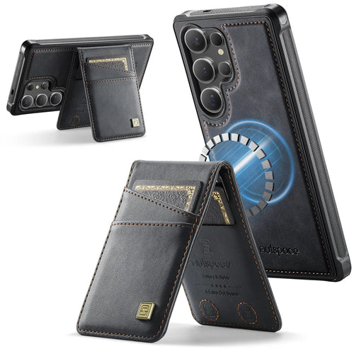 AUTSPACE for Samsung Galaxy S26 Ultra Case  A12 Leather Back Cover with Magnetic Detachable Card Bag Kickstand - Black - 1