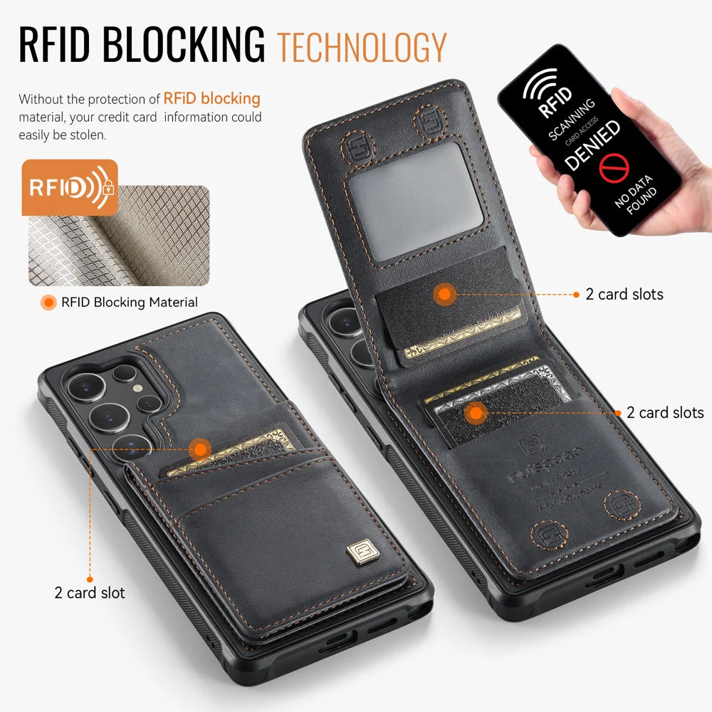 AUTSPACE for Samsung Galaxy S26 Ultra Case  A12 Leather Back Cover with Magnetic Detachable Card Bag Kickstand - Black - 2
