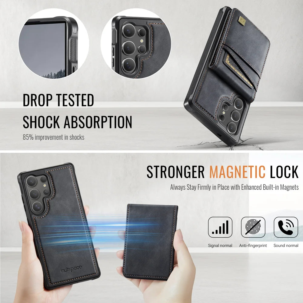 AUTSPACE for Samsung Galaxy S26 Ultra Case  A12 Leather Back Cover with Magnetic Detachable Card Bag Kickstand - Black - 3
