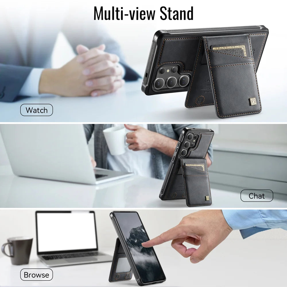 AUTSPACE for Samsung Galaxy S26 Ultra Case  A12 Leather Back Cover with Magnetic Detachable Card Bag Kickstand - Black - 4