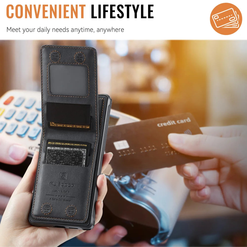 AUTSPACE for Samsung Galaxy S26 Ultra Case  A12 Leather Back Cover with Magnetic Detachable Card Bag Kickstand - Black - 5