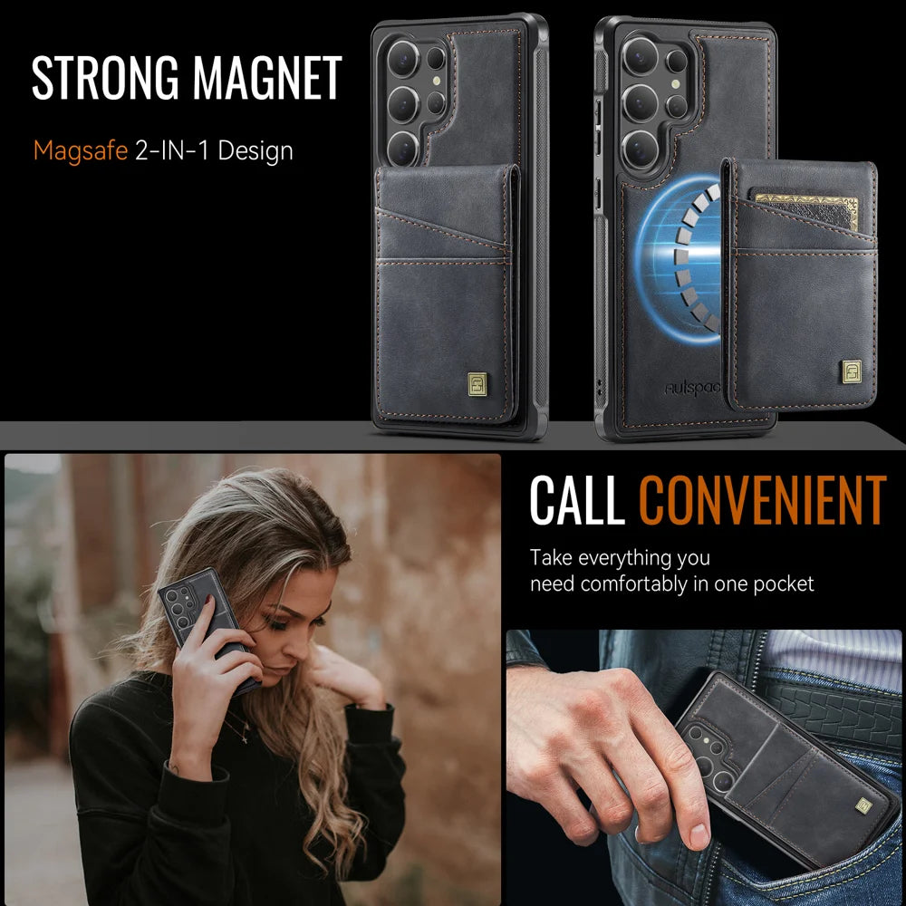 AUTSPACE for Samsung Galaxy S26 Ultra Case  A12 Leather Back Cover with Magnetic Detachable Card Bag Kickstand - Black - 7