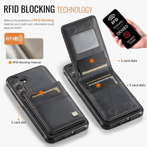 AUTSPACE for Samsung Galaxy S26 Case  A12 Leather Back Cover with Magnetic Detachable Card Bag Kickstand - Black - 2
