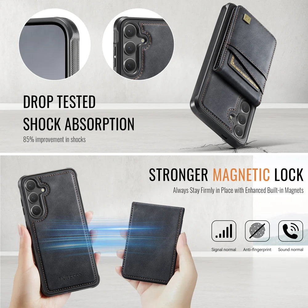 AUTSPACE for Samsung Galaxy S26+ Case  A12 Leather Back Cover with Magnetic Detachable Card Bag Kickstand - Black - 3