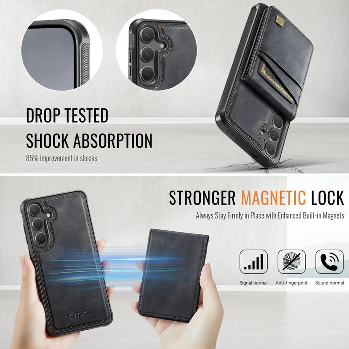AUTSPACE for Samsung Galaxy S26+ Case  A12 Leather Back Cover with Magnetic Detachable Card Bag Kickstand - Black - 3