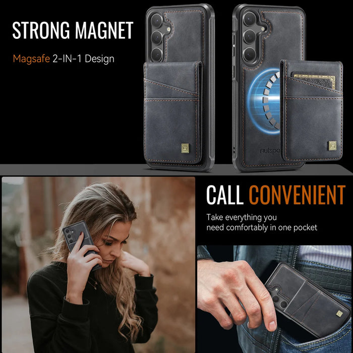 AUTSPACE for Samsung Galaxy S26+ Case  A12 Leather Back Cover with Magnetic Detachable Card Bag Kickstand - Black - 7
