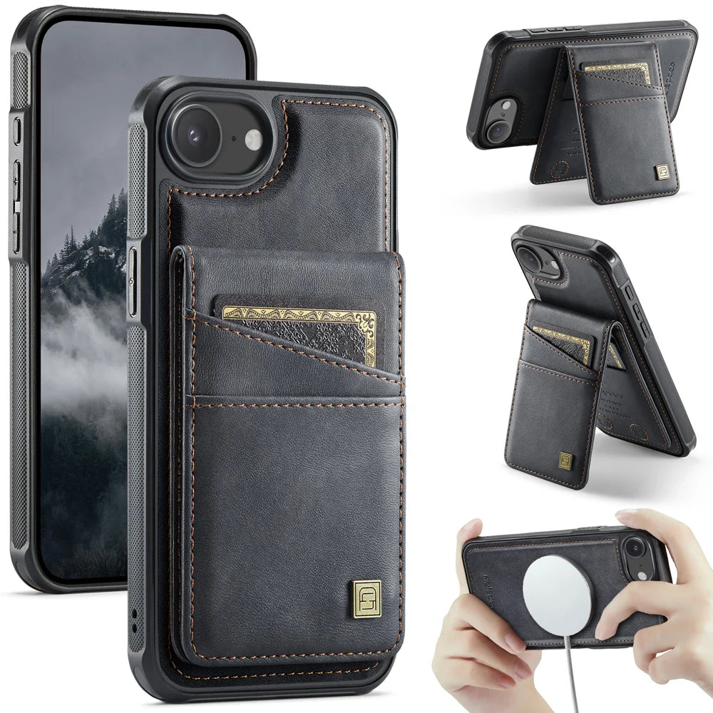 AUTSPACE for iPhone 16e / iPhone 17e Case  A12 Leather Back Cover with Magnetic Detachable Card Bag Kickstand - Black - 1