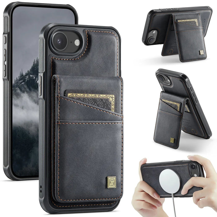 AUTSPACE for iPhone 16e / iPhone 17e Case  A12 Leather Back Cover with Magnetic Detachable Card Bag Kickstand - Black - 1