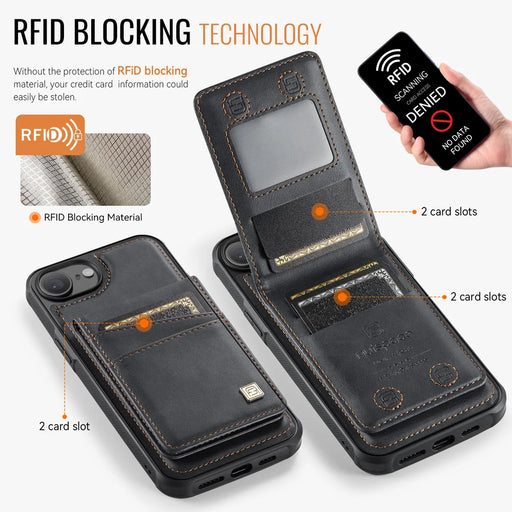 AUTSPACE for iPhone 16e / iPhone 17e Case  A12 Leather Back Cover with Magnetic Detachable Card Bag Kickstand - Black - 2