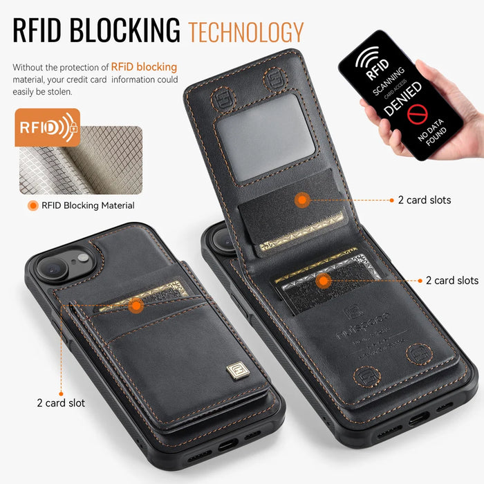 AUTSPACE for iPhone 16e / iPhone 17e Case  A12 Leather Back Cover with Magnetic Detachable Card Bag Kickstand - Black - 2