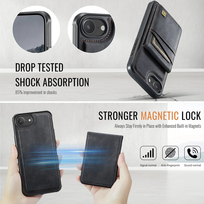 AUTSPACE for iPhone 16e / iPhone 17e Case  A12 Leather Back Cover with Magnetic Detachable Card Bag Kickstand - Black - 3