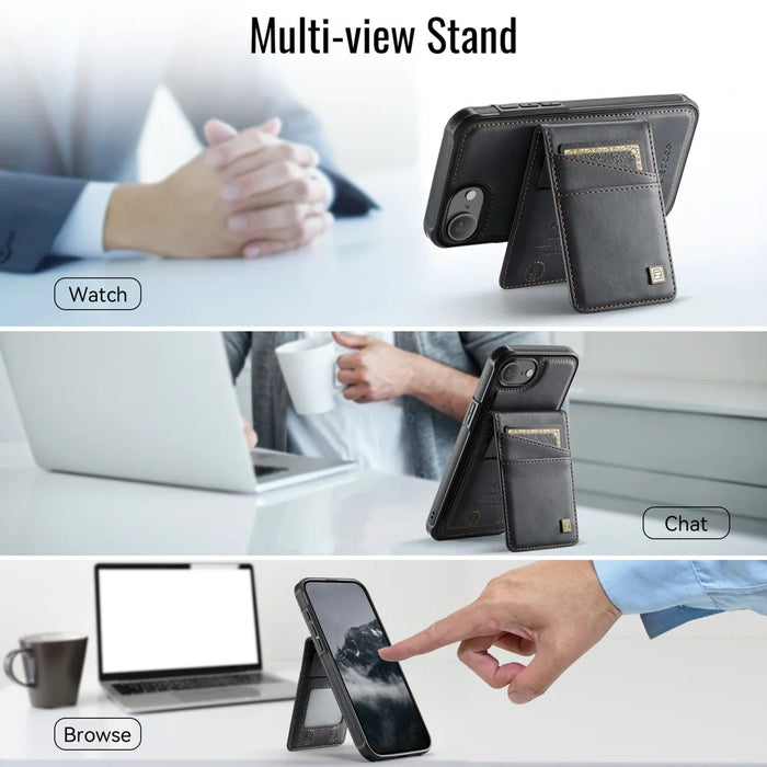 AUTSPACE for iPhone 16e / iPhone 17e Case  A12 Leather Back Cover with Magnetic Detachable Card Bag Kickstand - Black - 4
