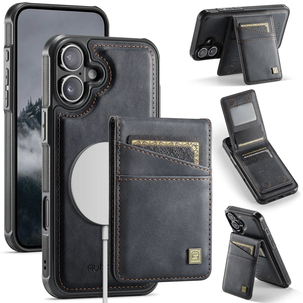 AUTSPACE for iPhone 17 Case  A12 Leather Back Cover with Magnetic Detachable Card Bag Kickstand - Black - 1