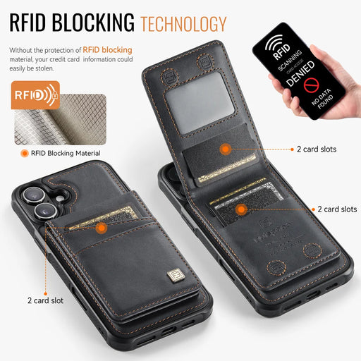AUTSPACE for iPhone 17 Case  A12 Leather Back Cover with Magnetic Detachable Card Bag Kickstand - Black - 2
