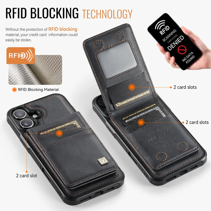 AUTSPACE for iPhone 17 Case  A12 Leather Back Cover with Magnetic Detachable Card Bag Kickstand - Black - 2