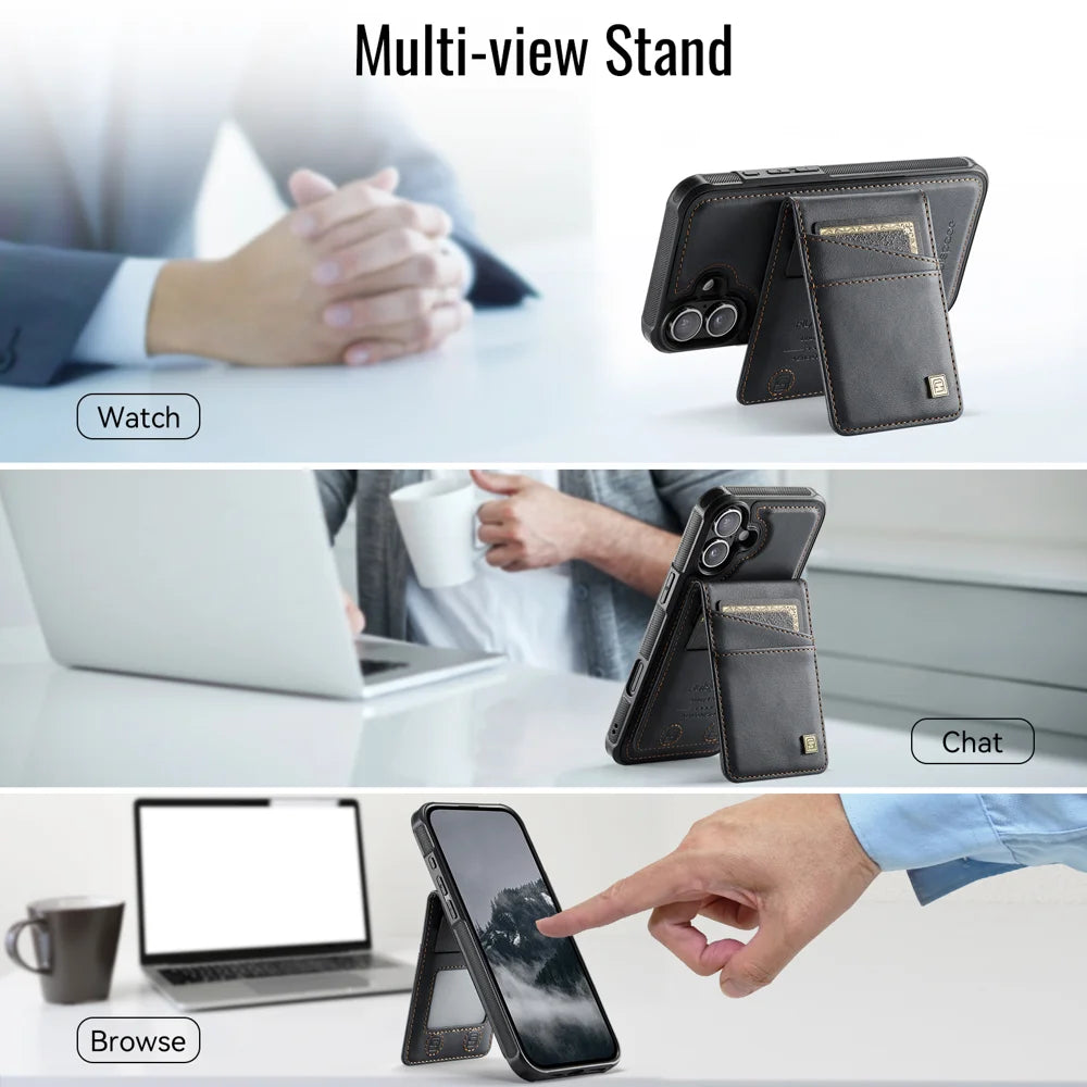 AUTSPACE for iPhone 17 Case  A12 Leather Back Cover with Magnetic Detachable Card Bag Kickstand - Black - 4