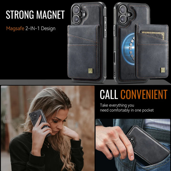 AUTSPACE for iPhone 17 Case  A12 Leather Back Cover with Magnetic Detachable Card Bag Kickstand - Black - 7