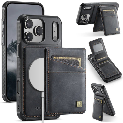 AUTSPACE for iPhone 17 Pro Case  A12 Leather Back Cover with Magnetic Detachable Card Bag Kickstand - Black - 1