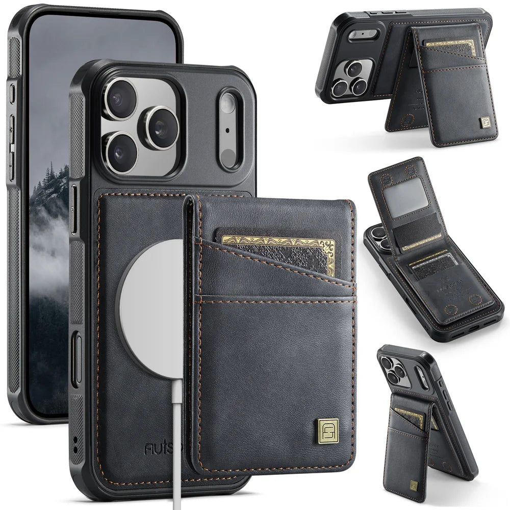 AUTSPACE for iPhone 17 Pro Case  A12 Leather Back Cover with Magnetic Detachable Card Bag Kickstand - Black - 1