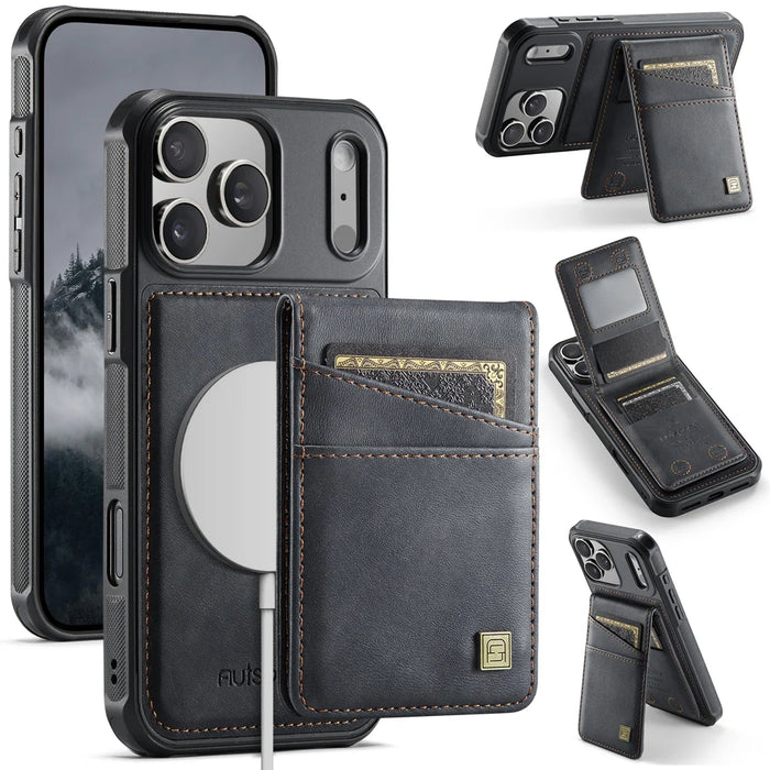 AUTSPACE for iPhone 17 Pro Case  A12 Leather Back Cover with Magnetic Detachable Card Bag Kickstand - Black - 1