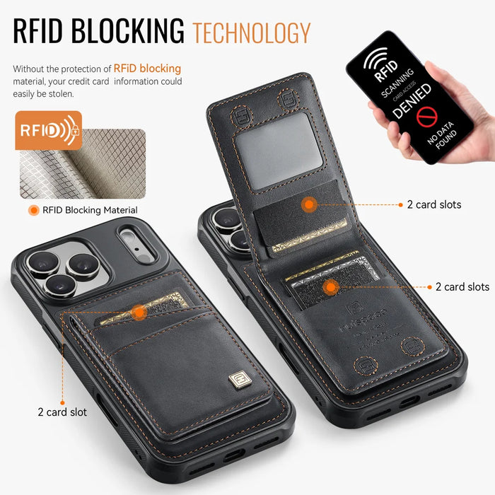 AUTSPACE for iPhone 17 Pro Case  A12 Leather Back Cover with Magnetic Detachable Card Bag Kickstand - Black - 2