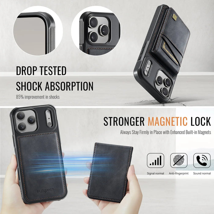 AUTSPACE for iPhone 17 Pro Case  A12 Leather Back Cover with Magnetic Detachable Card Bag Kickstand - Black - 3