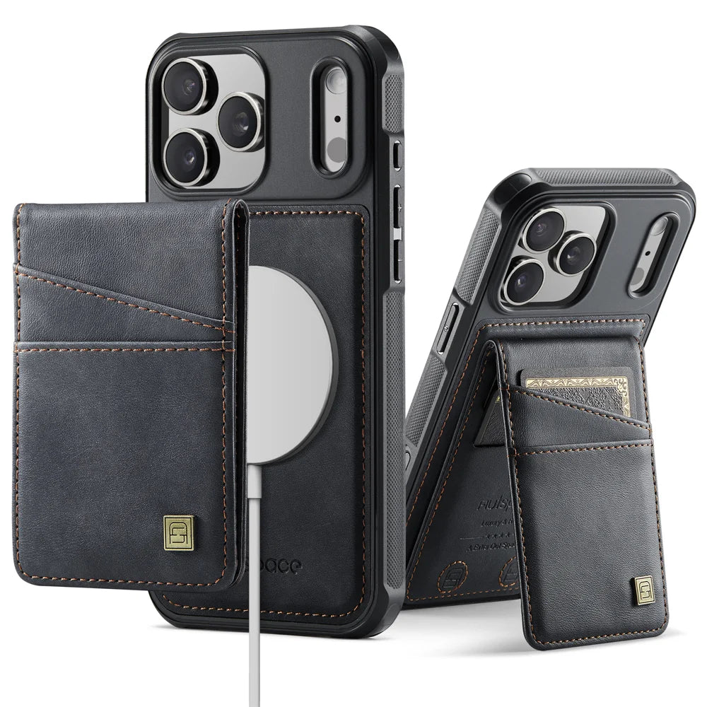 AUTSPACE for iPhone 17 Pro Max Case  A12 Leather Back Cover with Magnetic Detachable Card Bag Kickstand - Black - 1