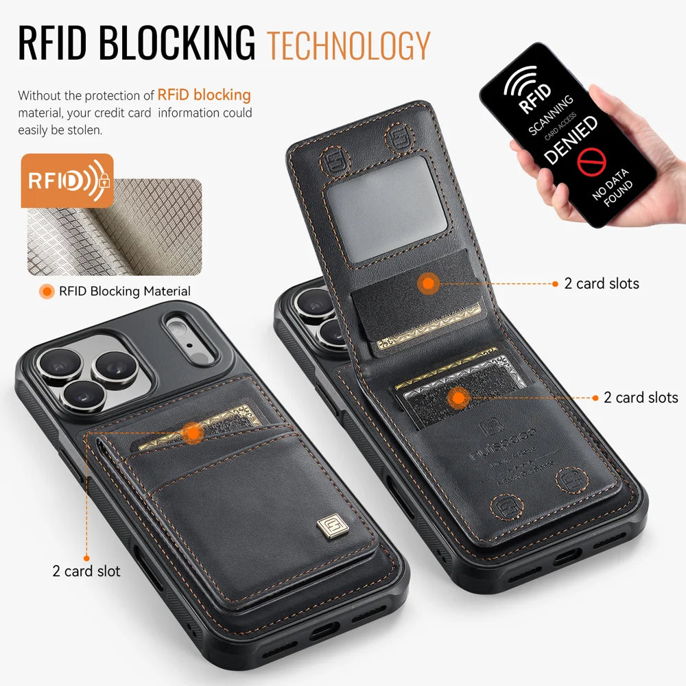 AUTSPACE for iPhone 17 Pro Max Case  A12 Leather Back Cover with Magnetic Detachable Card Bag Kickstand - Black - 2