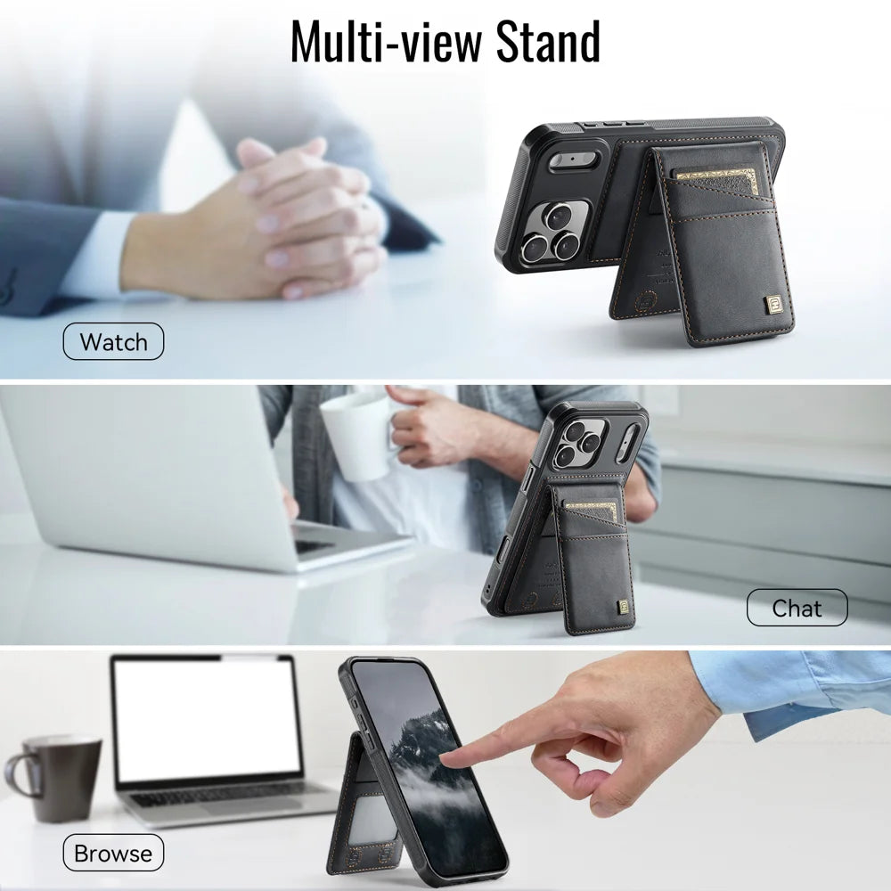 AUTSPACE for iPhone 17 Pro Max Case  A12 Leather Back Cover with Magnetic Detachable Card Bag Kickstand - Black - 4