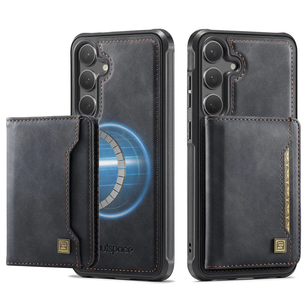 AUTSPACE for Samsung Galaxy S26 Case  A13 Vintage Leather Back Cover with Magnetic Detachable Card Bag - Black - 1