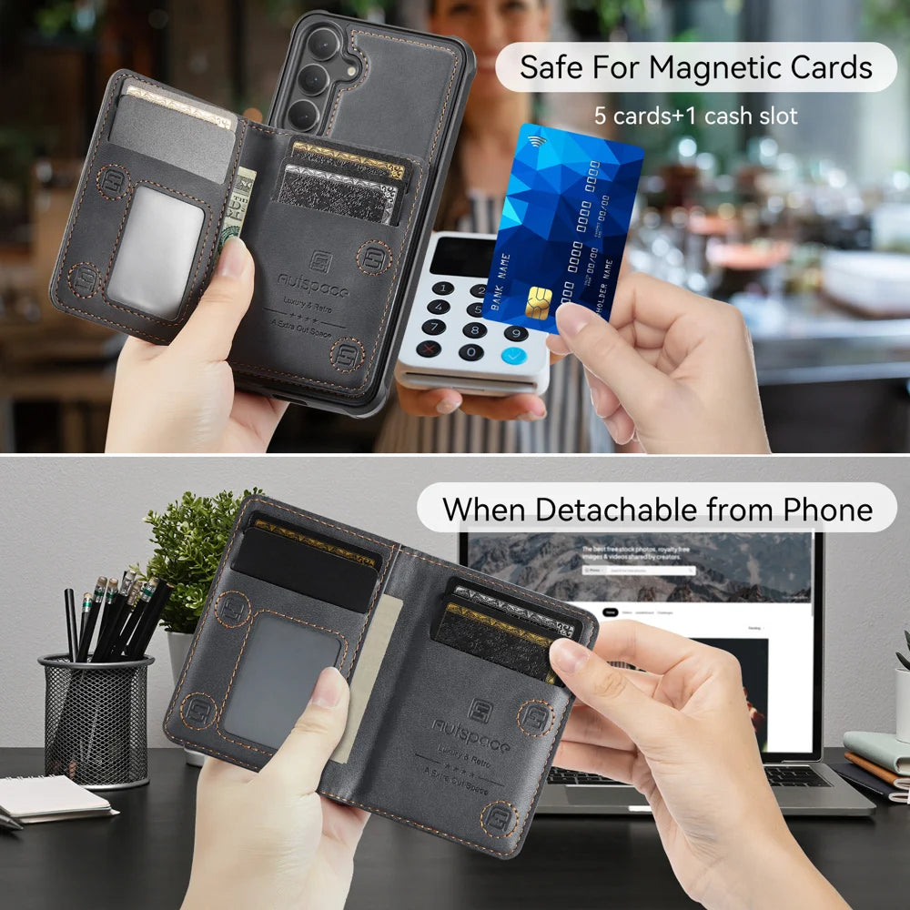 AUTSPACE for Samsung Galaxy S26 Case  A13 Vintage Leather Back Cover with Magnetic Detachable Card Bag - Black - 3