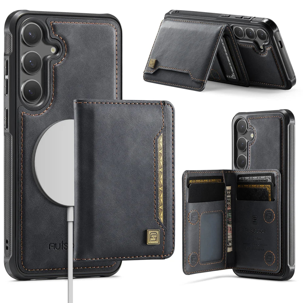 AUTSPACE for Samsung Galaxy S26+ Case  A13 Vintage Leather Back Cover with Magnetic Detachable Card Bag - Black - 1
