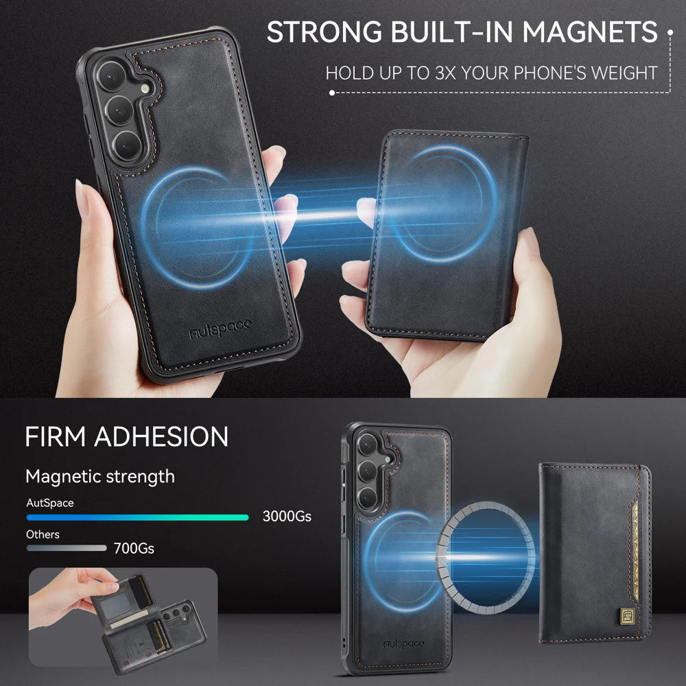 AUTSPACE for Samsung Galaxy S26+ Case  A13 Vintage Leather Back Cover with Magnetic Detachable Card Bag - Black - 2