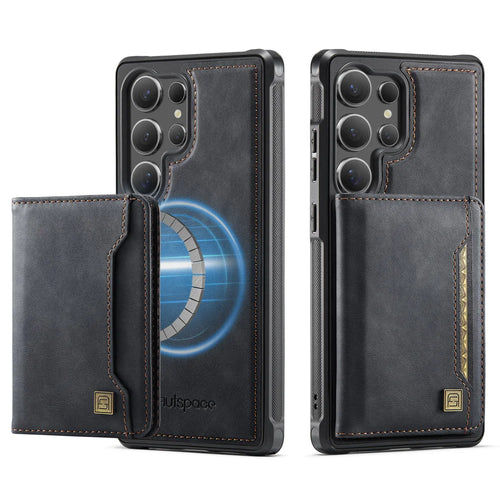 AUTSPACE for Samsung Galaxy S26 Ultra Case  A13 Vintage Leather Back Cover with Magnetic Detachable Card Bag - Black - 1
