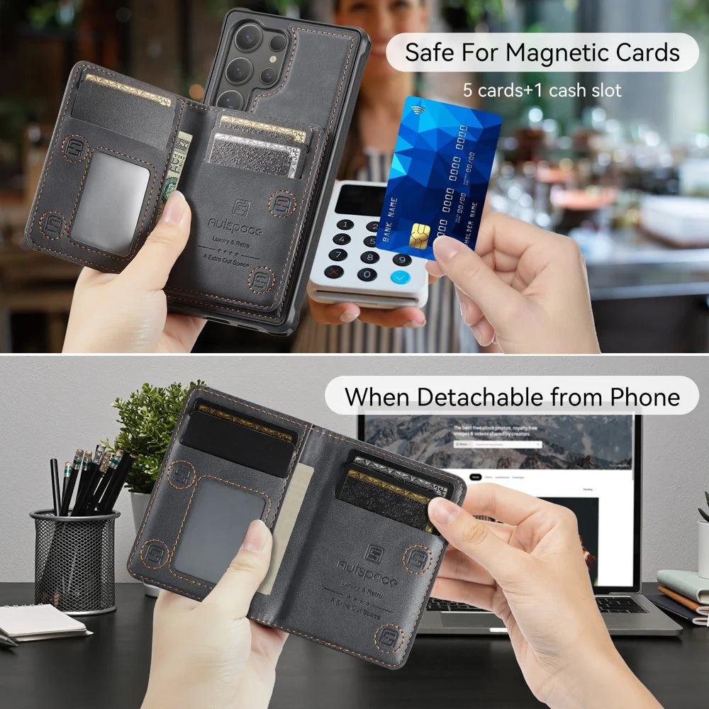 AUTSPACE for Samsung Galaxy S26 Ultra Case  A13 Vintage Leather Back Cover with Magnetic Detachable Card Bag - Black - 3
