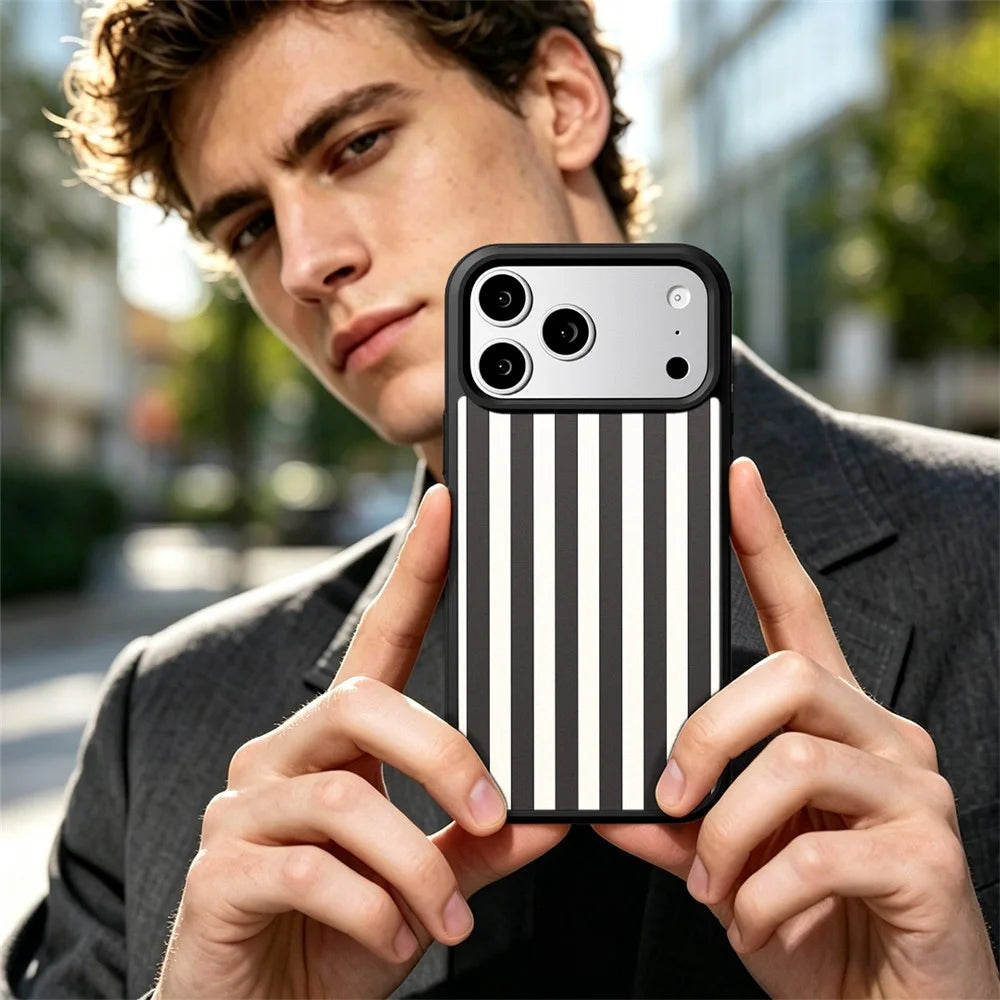 EYCASE Striped Series for iPhone 18 Pro Max / 17 Pro Max Case Compatible with MagSafe TPU + Acrylic Phone Cover - Black / White Stripes - 6