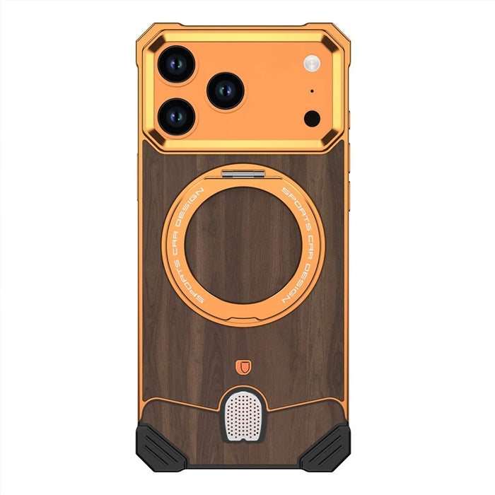 For iPhone 17 Pro Frameless Case Walnut Wood Pattern Rotating Kickstand Metal Snap-on Phone Cover - Orange - 1