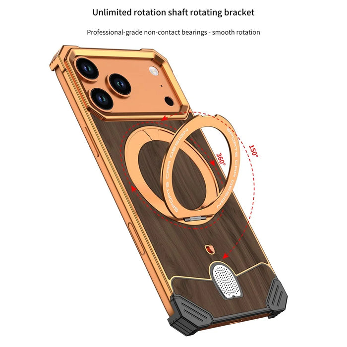 For iPhone 17 Pro Frameless Case Walnut Wood Pattern Rotating Kickstand Metal Snap-on Phone Cover - Orange - 3