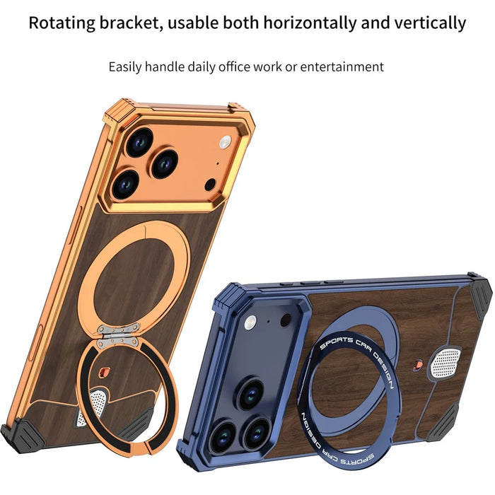 For iPhone 17 Pro Max Frameless Case Walnut Wood Pattern Rotating Kickstand Metal Snap-on Phone Cover - Orange - 2