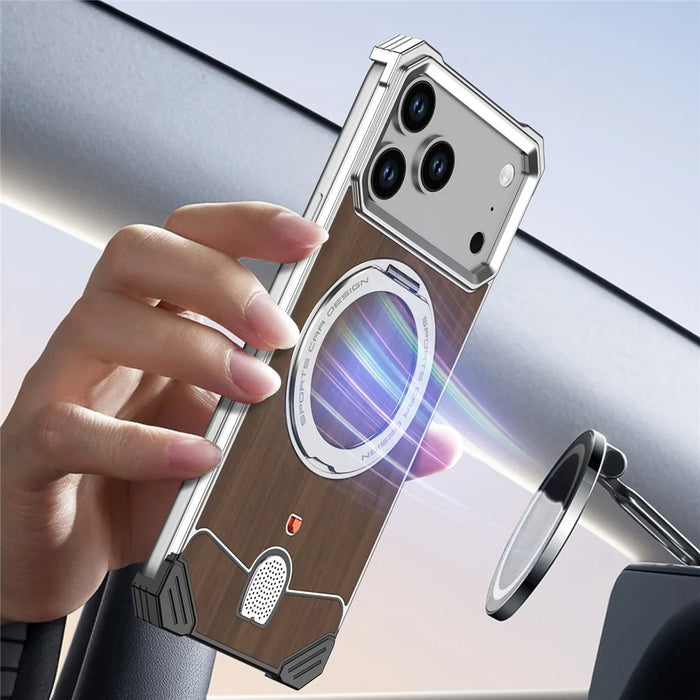 For iPhone 17 Pro Max Frameless Case Walnut Wood Pattern Rotating Kickstand Metal Snap-on Phone Cover - Orange - 6