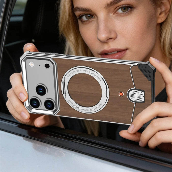 For iPhone 17 Pro Max Frameless Case Walnut Wood Pattern Rotating Kickstand Metal Snap-on Phone Cover - Orange - 7