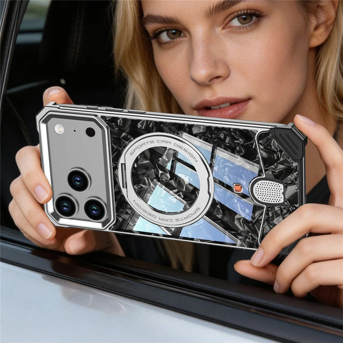 For iPhone 17 Pro Max Frameless Case Marble Pattern Rotating Kickstand Metal Snap-on Phone Cover - Orange - 7